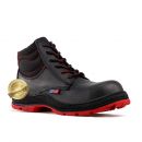 Zapatos industriales color negro casco de poliamida, suela de hule bicolor rojo.